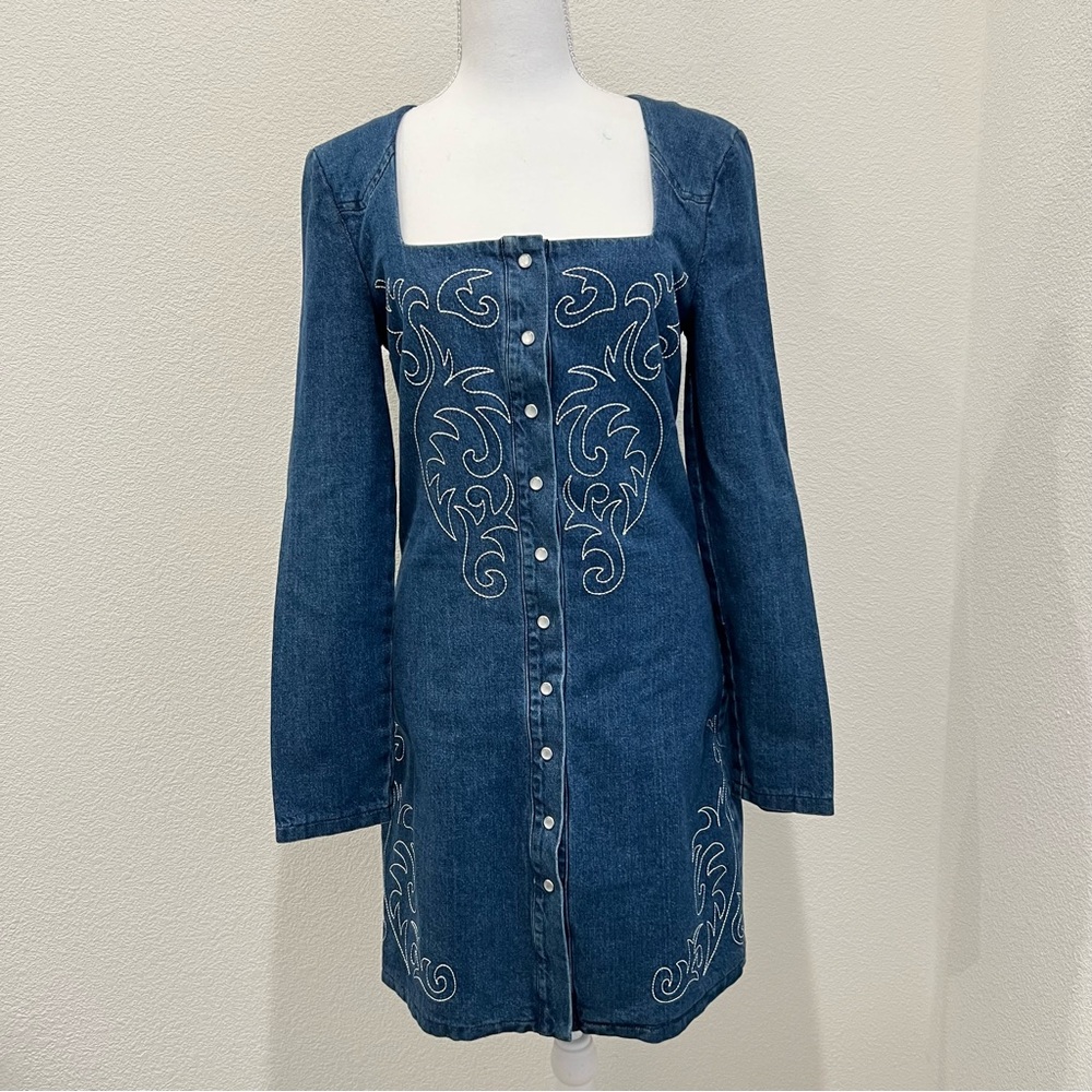 NWT Avec Les Filles Western Embroidery Long Sleeve Denim Mini Dress
